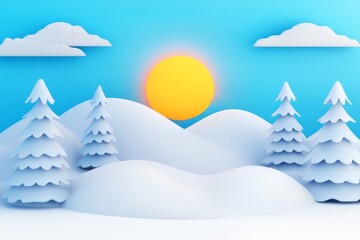 Sunrise Over Snowy Hills 3D Illustration - Serene winter landscape, 3D , showcasing snowy hills, fir trees, a bright sun, and fluffy clouds; symbolizing peace, tranquility, nature's beauty
