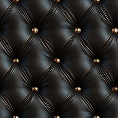Fototapeta premium Seamless pattern of luxurious black leather upholstery with classic diamond tufting and gleaming golden buttons. Ideal for sophisticated design backgrounds.