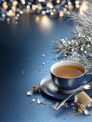 Winter Tea Cozy Moments - A warm cup of tea sits on a dark blue surface, surrounded by festive decorations and soft lights. Perfect for winter holidays