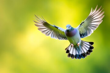 Wood Pigeon in Flight: Grace and Freedom - A wood pigeon soars through the air, wings outstretched, symbolizing freedom, peace, nature, hope, and tranquility. Beautiful bird