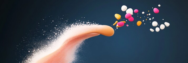 Abstract Colorful Dispersion - A vibrant abstract depicting a burst of colorful spheres emanating from a curved form, set against a dark blue background