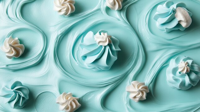 Abstract design of pastel blue frosting swirls with white meringues.