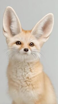 Fennec fox sitting indoors with large ears, brown eyes and cream fur, isolated on a light background looking at the viewer.