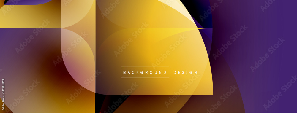 Poster abstract geometric shapes overlap, creating vibrant gradients. gold, purple, white combine for moder