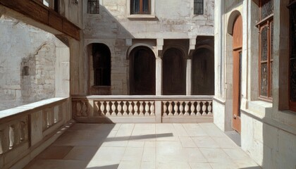 Fototapeta premium Architectural stone corridor with sunlight and arches