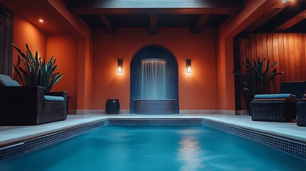 Serene indoor pool with waterfall and comfortable seating for a relaxing atmosphere