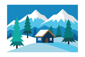 Fototapeta premium Serene Winter Mountain Cabin A Snowy Escape Illustration