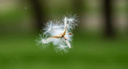 Fototapeta premium Delicate Dance: Poplar Fluff and Seed Drifting Gracefully in a Gentle Breeze