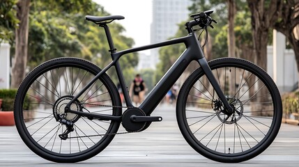 Fototapeta premium Sleek Black Electric Bicycle Parked on a City Sidewalk with Trees and Buildings