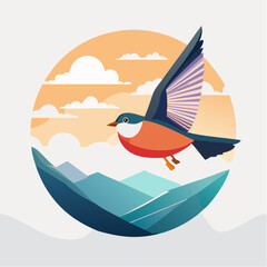 A vibrant illustration of a bird in flight, soaring over stylized mountains under a warm sunset sky, showcasing nature and freedom.