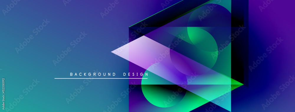 Poster abstract geometric shapes overlap, creating vibrant blue, purple, green gradients. text reads backgr