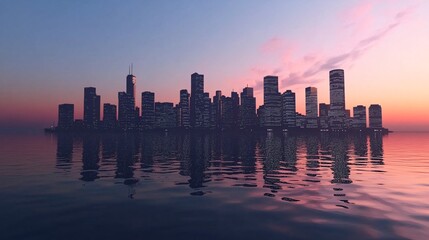Island City Skyline at Sunrise with Water Reflection