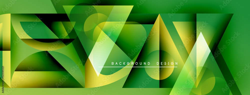 Poster abstract geometric shapes, vibrant green hues, layered design. modern composition with gradient effe