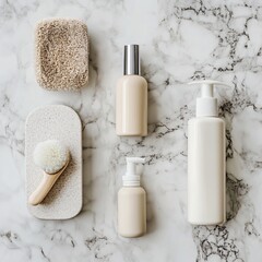 Flat Lay Beauty Products with Loofah and Brush on Marble Surface