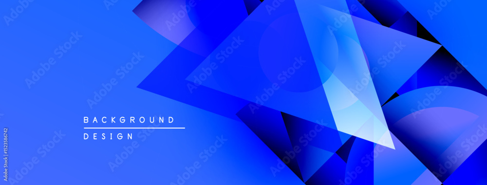 Poster Abstract blue background. Geometric shapes overlap creating dynamic visual effect. Modern design elements present.