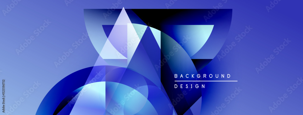 Poster abstract blue design features overlapping geometric shapes. gradient colors create dynamic visual ef