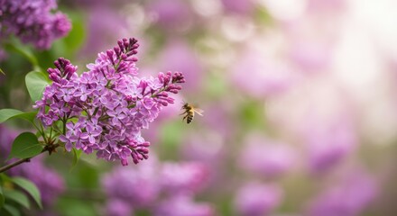 Lilac Bloom with Visiting Bee - A Springtime Scene of Pollination and Beauty