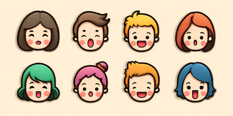 Fototapeta premium Cute Cartoon Character Icons Diverse Expressions