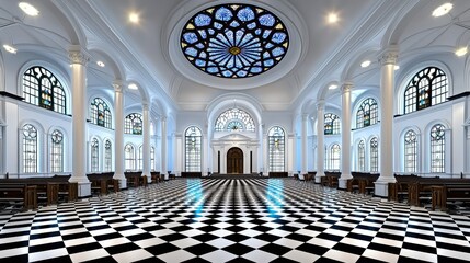 Brightly lit interior of a grand hall with a checkered floor, white columns, and a stained glass ceiling rose window. 