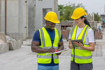 Two civil engineers from different cultures and ethnicities working together in a precast factory. Workers using tablet and walkie talkie in a factory production system. Gender in a factory