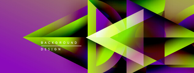 Abstract geometric shapes blend vibrant purple, green hues. Dynamic composition creates modern background design. Smooth gradients add depth.