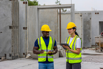 Two civil engineers from different cultures and ethnicities working together in a precast factory. Workers using tablet and walkie talkie in a factory production system. Gender in a factory
