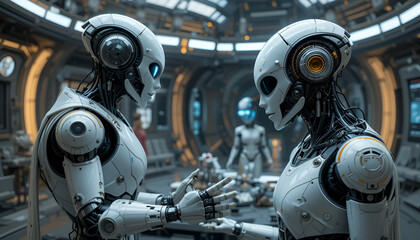 Fototapeta premium A humanoid robot extends a hand toward an alien emissary inside a high-tech diplomacy chamber. 