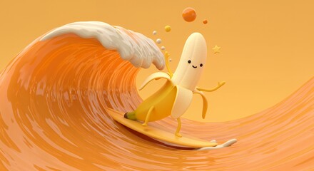Banana Surfing a Creamy Wave: A Whimsical 3D Render