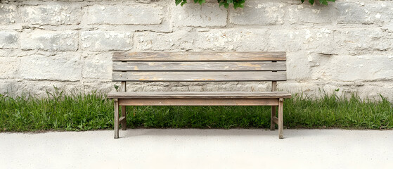 Aged Wooden Bench Against Gray Stone Wall