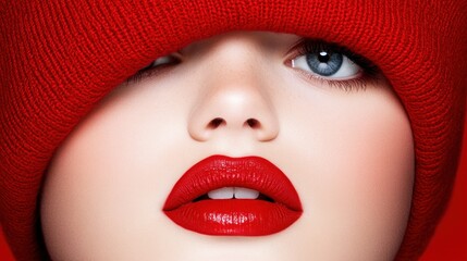 Fototapeta premium Red Passion: A Stunning Close-Up Portrait of a Woman in a Red Knit Hat