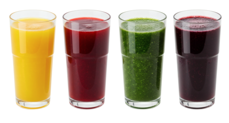 Fresh fruit and vegetable juice assortment for healthy lifestyle and detox diet concept ideas on transparent background