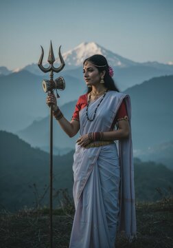 Beautiful hindu goddess shiva parvati mountain background spiritual deity art