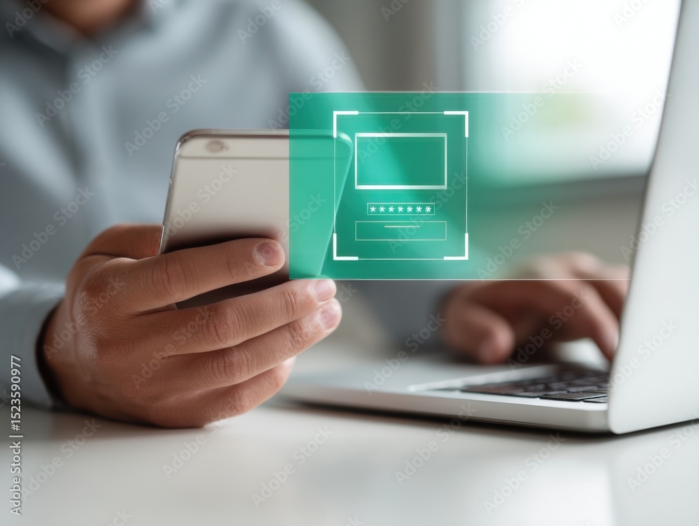 Poster Minimalist Workspace Showing Two Factor Authentication on Smartphone and Laptop for Enhanced Cybersecurity and Identity Protection in Business Settings