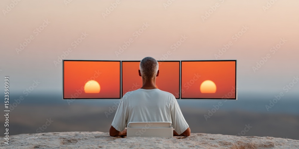 Poster Ransomware Defense Cybersecurity Analyst at Multi-Monitor Workstation with Warm Sunset Lighting and Sophisticated Threat Detection Dashboards