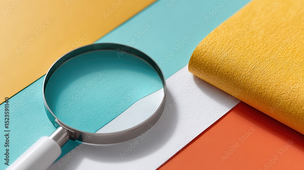 Aufkleber Bold Editorial Style Magnifying Glass on Colorful Paper Surfaces Representing Quality Control and Document Verification for Modern Business Workflow