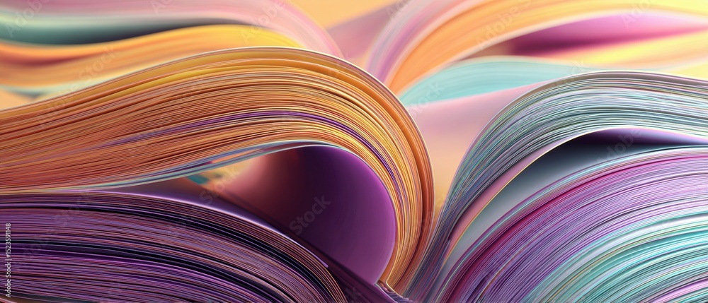 Poster vibrant layered open magazines on wooden table surface viewed from above, showcasing editorial varie