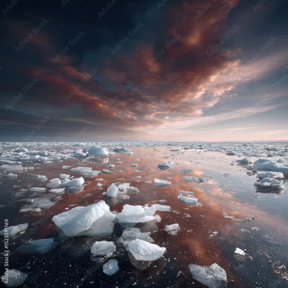 Aufkleber moody arctic seascape with shimmering ice fragments and dramatic sky reflecting climate fragility in