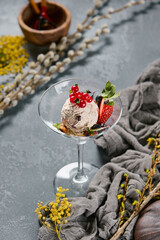 Vegan berry ice cream in cocktail glass, moody lighting, rustic top view composition