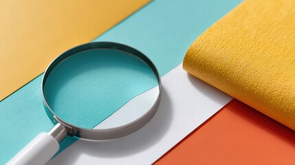 Bold Editorial Style Magnifying Glass on Colorful Paper Surfaces Representing Quality Control and Document Verification for Modern Business Workflow
