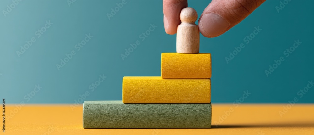 Poster Minimalist Wooden Figure on Colorful Steps Symbolizing Workforce Integration and Structured Hierarchy for Modern HR Recruitment and Onboarding