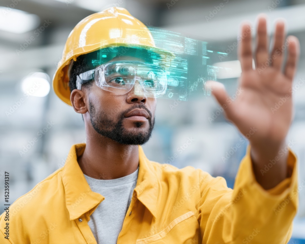 Aufkleber industrial worker using augmented reality interface in smart factory with safety gear - advanced tec