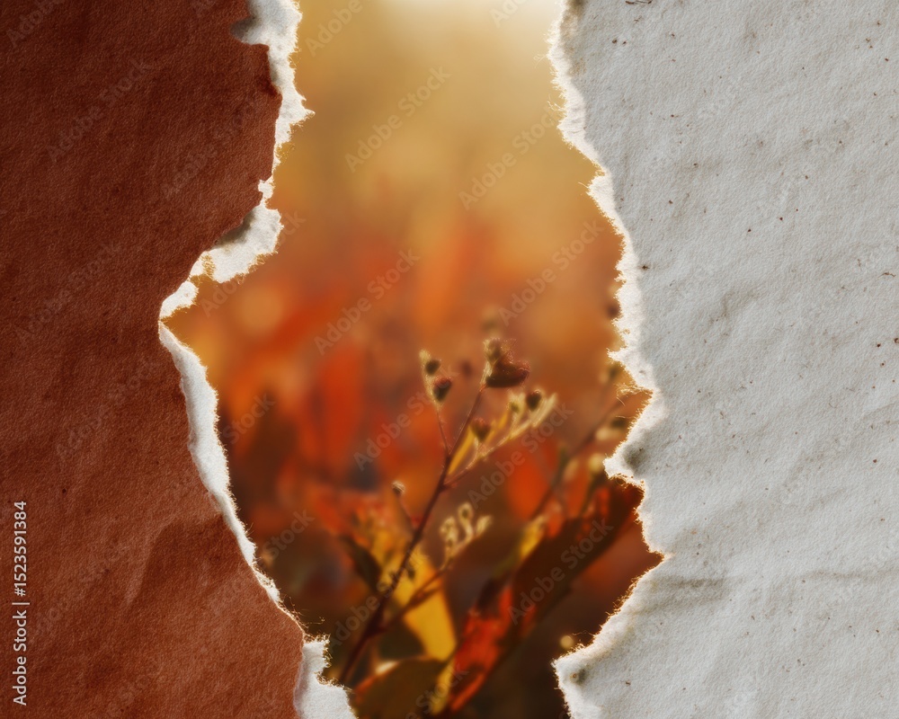 Poster rustic torn paper background with textured fibers and warm autumn light - eco-friendly vintage desig