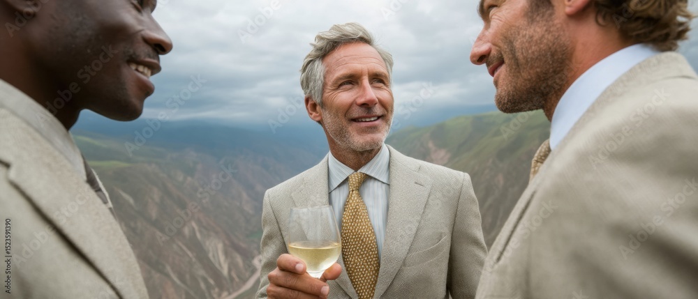 Aufkleber modern business networking diverse professional men in formal suits sharing drinks outdoors during c