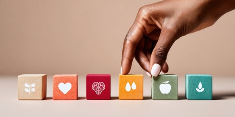 Workforce Integration with Wooden Cubes Displaying Wellness Icons Representing Holistic Health and Corporate Wellbeing for Employee Engagement