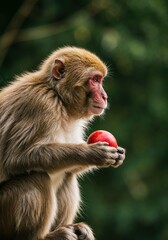 Obraz premium Monkey macaque primate mammal wildlife animal holding red fruit outdoors day