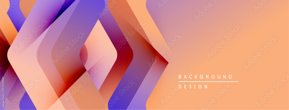 Poster abstract geometric shapes overlap, creating vibrant gradient effect. orange, purple hues dominate de