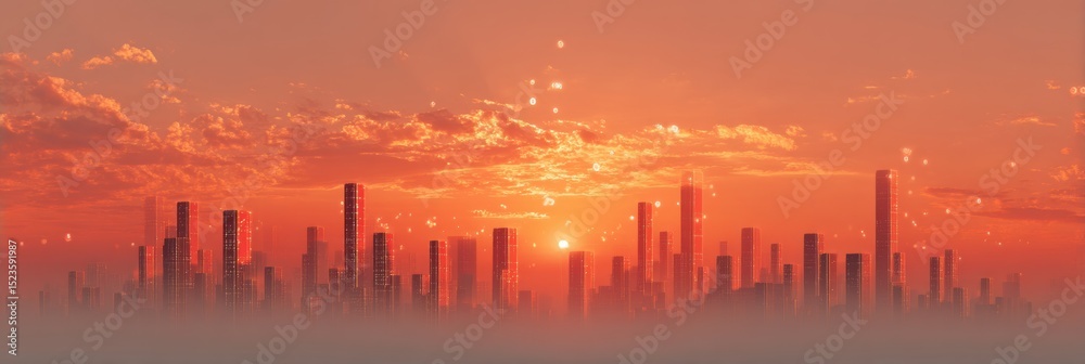 Poster futuristic metropolitan skyline at sunset with digital token symbols rising, showcasing blockchain r