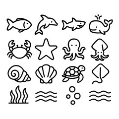 Line Style Simple Marine Life Icon Set Collection Sea Animals