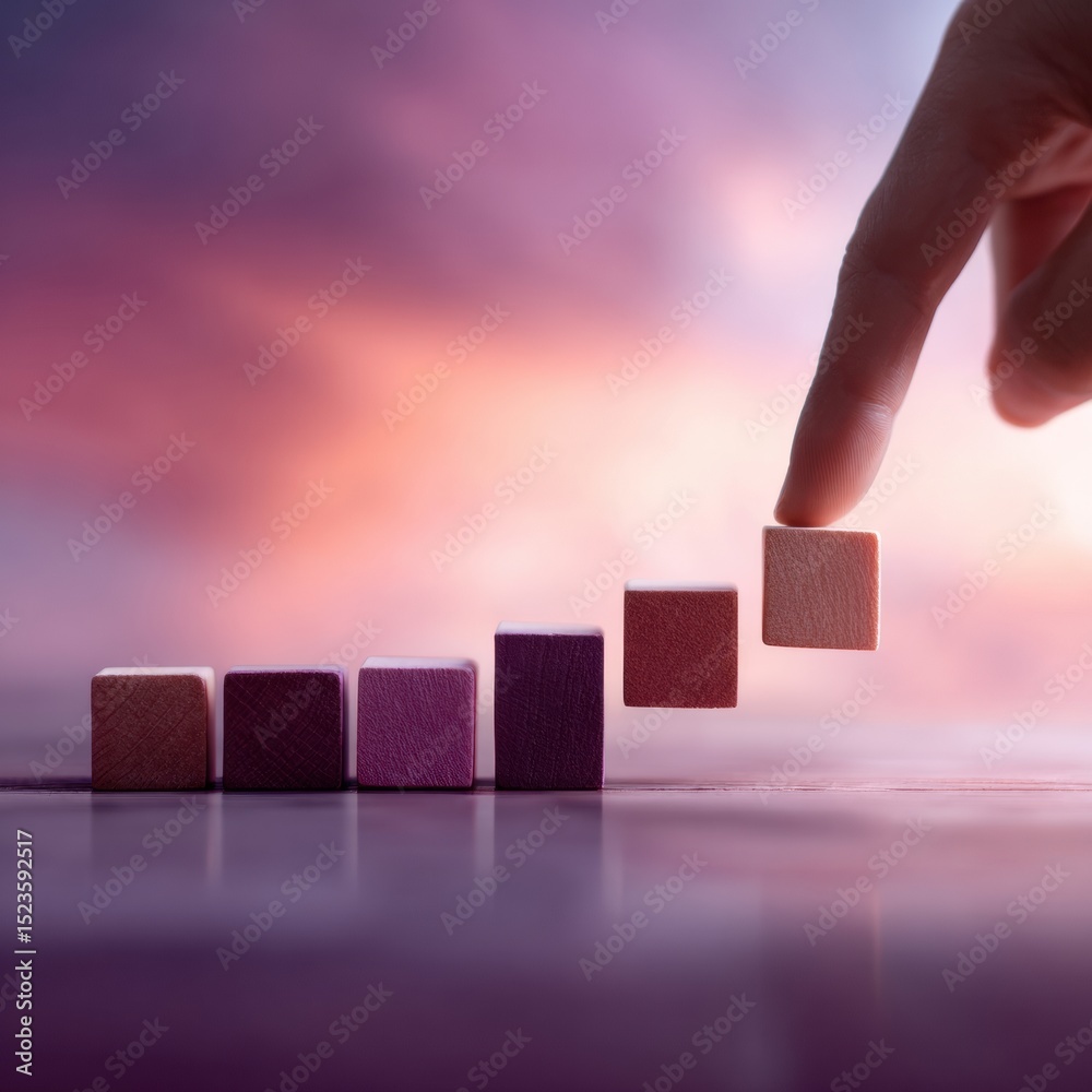 Aufkleber mystical productivity concept with hand placing checkmark on wooden blocks in ethereal sunset glow f