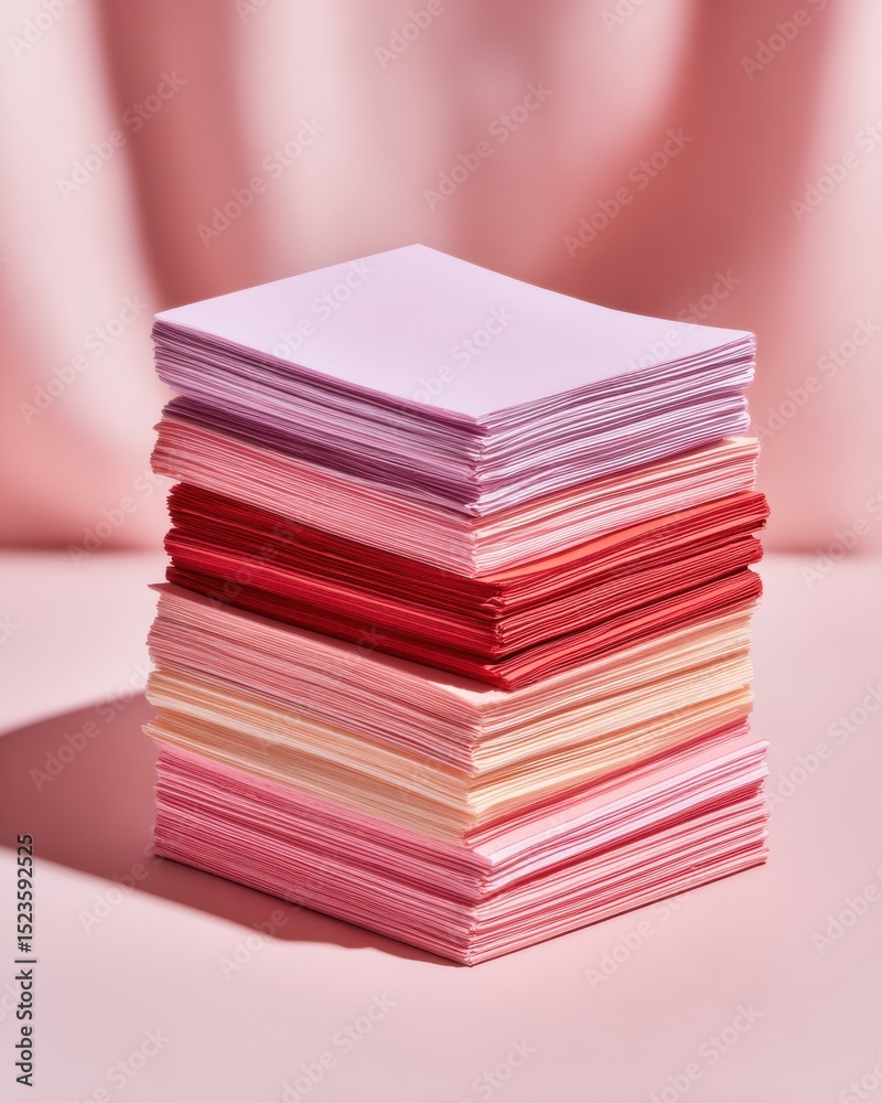 Poster organized stack of colorful paper documents on pink surface representing efficient administrative ma